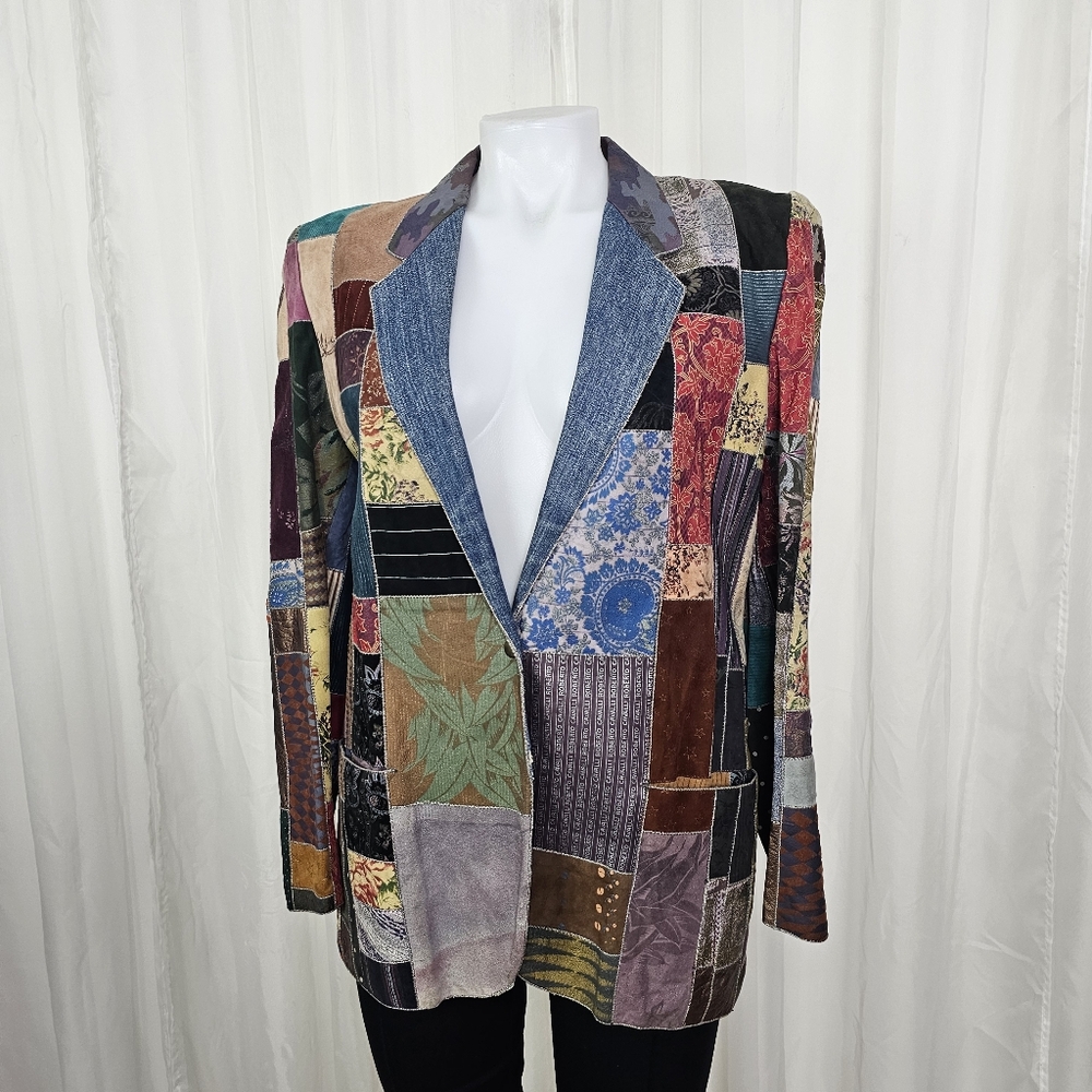 Roberto Cavalli Vintage Printed Suede Leather & Denim Patchwork Jacket 1980s